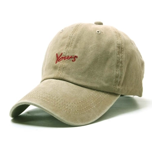 Vintage beige washed cotton baseball cap with red Yours cursive embroidery for sun protection