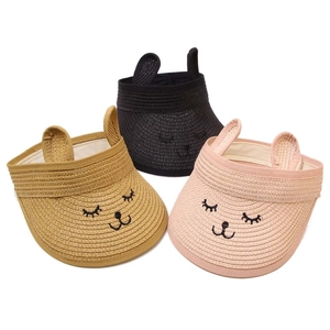 Visière en Paille pour Bébé Motif Chat Dessin Animé Protection Solaire Été Réglable Avec Oreilles 3D pour Tout-petits