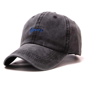 Washed dark grey baseball cap with blue Yours embroidery in retro street style