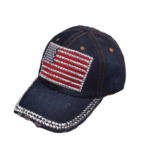 Denim baseball cap featuring a rhinestone US flag patch and silver crystal brim accents