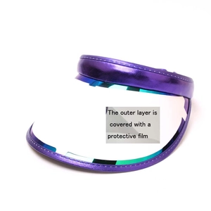 Detail of purple metallic sun visor featuring teal transparent brim and protective film