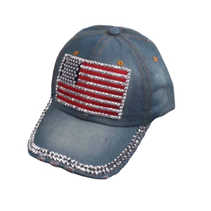 Denim baseball cap with rhinestone American flag pattern and crystal studded brim