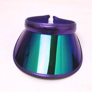 Detail view of purple metallic PVC sun visor hat with iridescent UV protection brim