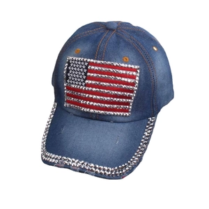 Blue denim baseball cap with rhinestone American flag and sparkling crystal brim accents