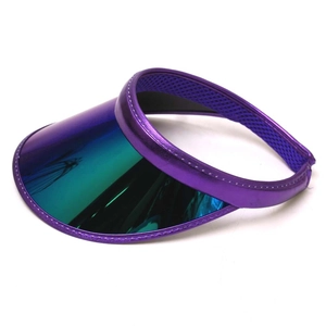 Close-up of PVC sun visor with iridescent purple gradient brim and mesh sweatband