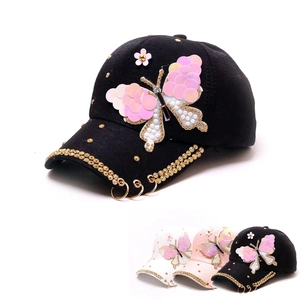 Casquette de Baseball Tendance pour Femmes Applique Papillon à Paillettes Avec Strass et Anneaux Métalliques Protection Solaire