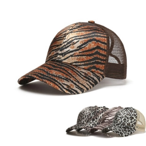 Detail view of animal print baseball caps with breathable mesh back and adjustable strap