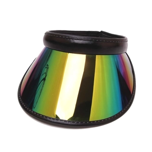 Detail of an iridescent gradient sun visor with a black PU leather headband for summer