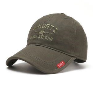 Close-up of olive green army baseball cap with 3D embroidery and red brand side label