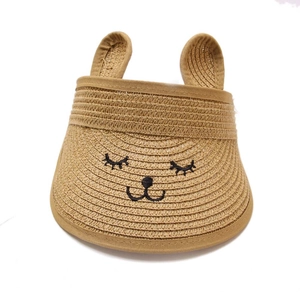 Visière en paille pour enfants avec broderie chat et oreilles de lapin en kaki