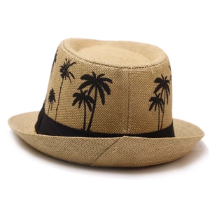 Classic straw sun hat with black ribbon featuring coconut tree patterns for beach travel