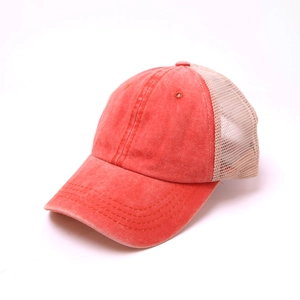 Vintage washed red and beige mesh trucker hat with breathable fabric for outdoor sun protection