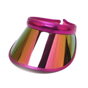 Detail of rose red headband and iridescent rainbow visor on PVC open-top sun hat