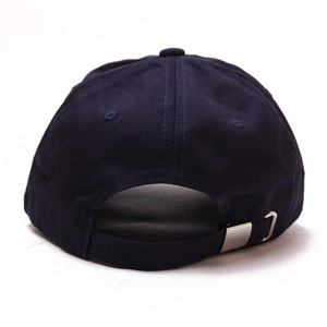 Detail of navy cotton baseball cap with adjustable silver metal buckle on the back