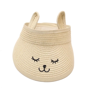 Visière de paille d'été pour enfants avec oreilles de chat mignonnes et broderie beige