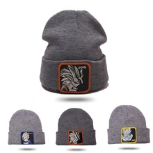 Vue détaillée du bonnet en tricot gris pour enfants avec broderie Dragon Ball Super