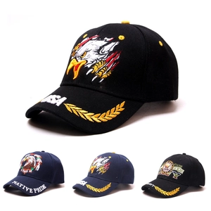 Detailed embroidery view of USA flag and eagle theme on cotton baseball caps