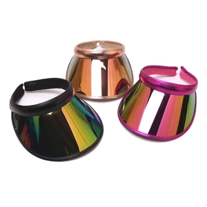 Women's PVC Sun Visor Hat Iridescent Mirror UV Protection Wide Brim Metal Texture Open Top Cap For Summer Beach Travel