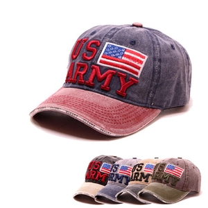 Detail of US Army embroidery and distressed washed cotton fabric on baseball cap