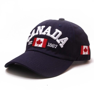 Detailed embroidery of Canada flag and EST 1867 text on navy blue cotton baseball cap