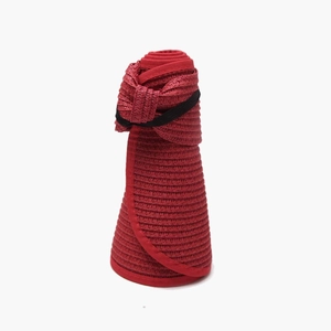 Foldable dark red straw sun hat with roll-up design and elastic band for easy travel