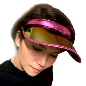 Women's pink metallic open top sun visor hat with transparent brown UV protection brim