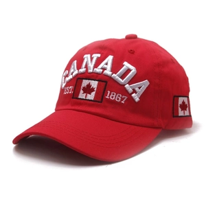 Red cotton Canada baseball cap with white 3D embroidery and maple leaf flag side detail