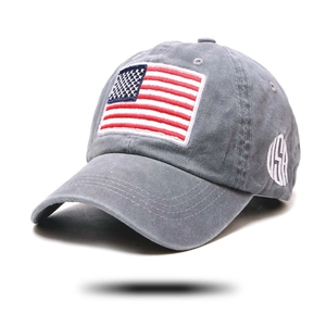 Detailed embroidery of USA flag and text on gray washed cotton baseball cap