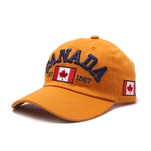 Mustard yellow Canada baseball cap with blue embroidery and 1867 flag detail