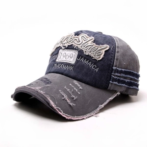 Vintage 1969 patchwork denim baseball cap with shark embroidery and distressed details