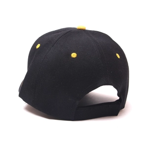 Detailed back view of a black baseball cap with yellow eyelets and adjustable strap