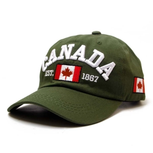 Army green Canada baseball cap with white 3D embroidery and maple leaf flag pattern