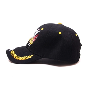 Detail of golden laurel leaf embroidery and eagle patch on a black canvas baseball cap