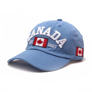 Close-up of blue Canada baseball cap with 3D embroidery and maple leaf flag detail