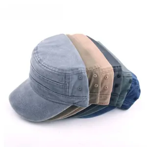 Flat top military caps in various colors with washed cotton fabric and side vents