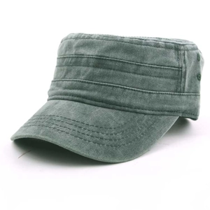 Vintage washed military flat top cap in distressed olive green thick cotton canvas