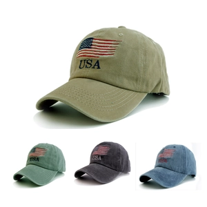 Vintage washed cotton baseball cap with USA flag embroidery in four classic colors