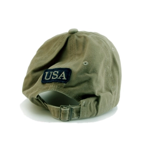 Close-up of adjustable strap and USA embroidery on vintage washed baseball cap