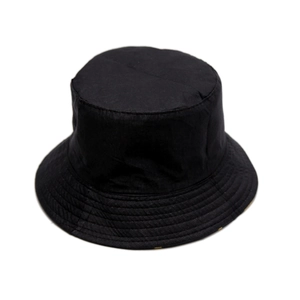 Classic black cotton fisherman hat with flat top and reinforced stitched brim design