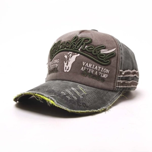 Detailed view of Black Rebel embroidery and distressed brim on washed baseball cap