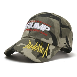 Detail of camouflage baseball cap featuring Trump embroidery and reinforced stitching