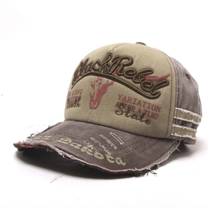 Detail of distressed khaki baseball cap with 3D embroidery and vintage frayed brim