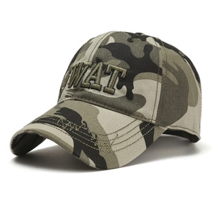 Detailed look at the tactical woodland camo baseball cap with SWAT 3D embroidery