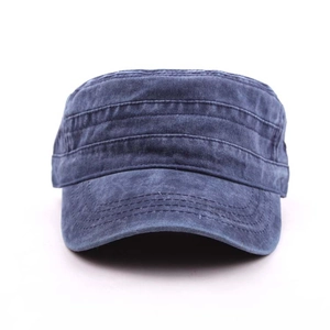 Detail of navy blue washed cotton cadet hat with triple stitching and vintage texture