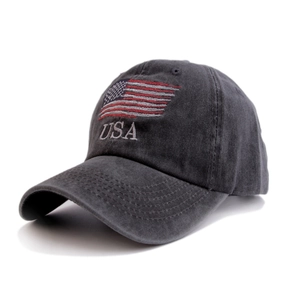 Detailed embroidery of USA letters and American flag on washed charcoal baseball cap
