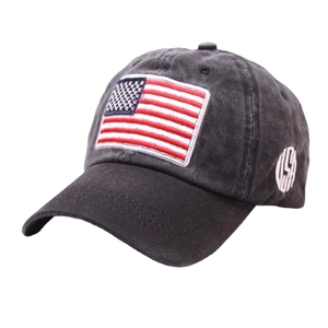 Vintage washed cotton baseball cap with USA flag embroidery and distressed grey finish