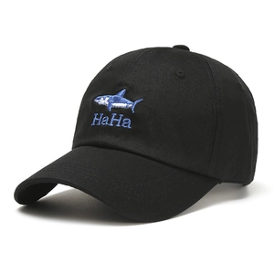 Classic black cotton baseball cap with blue shark and HaHa letter embroidery