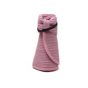 Portable pink-purple wide brim straw hat with bow, foldable sun protection beach visor