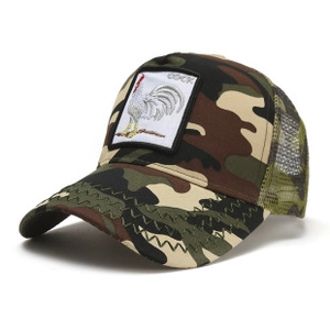 Detail view of camouflage trucker hat with rooster patch and breathable mesh back