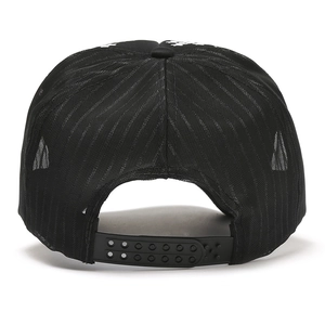 Rear view of black breathable mesh trucker hat with adjustable plastic snapback closure